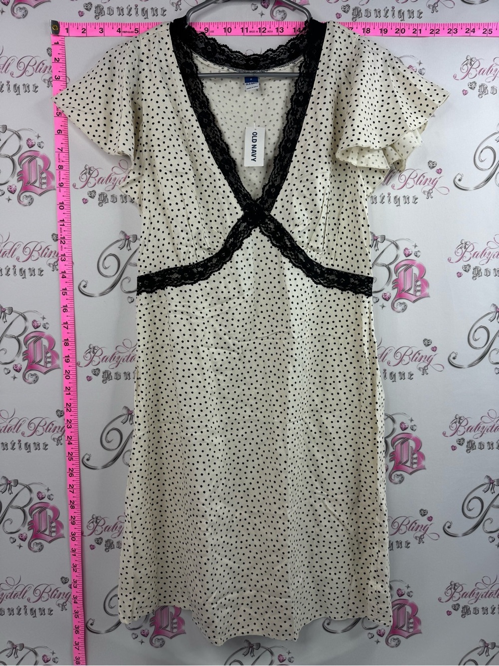 Old Navy dress lace details Cream Polka Dot Lace-Trim Midi Dress shiny ruffle